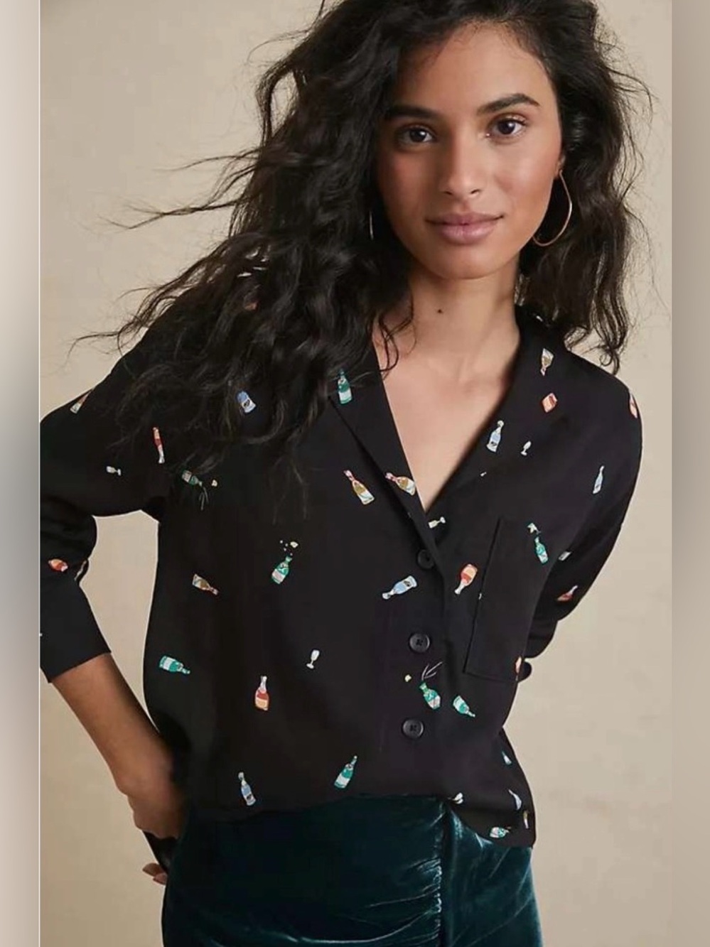 Maeve by Anthropologie Cheers Champagne bottle print shirt. Size Medium EUC.